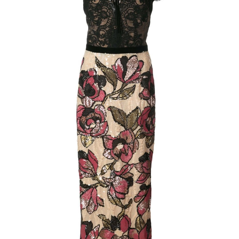 New Marchesa Notte Sequined Lace Column Gown MIDI